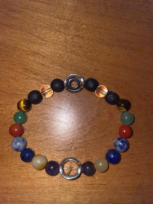 7 Chakra Stone with Quartz and Lava Stone Bracelet 7.5"