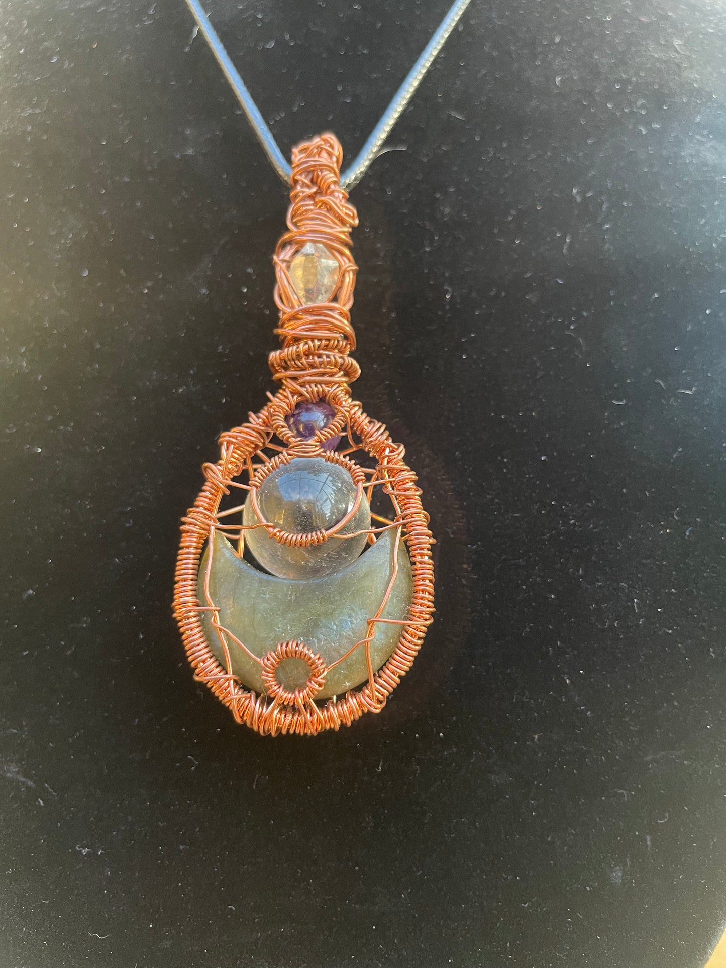 Labradorite, Quartz, Amethyst, Herkimer Diamond Copper Pendant.