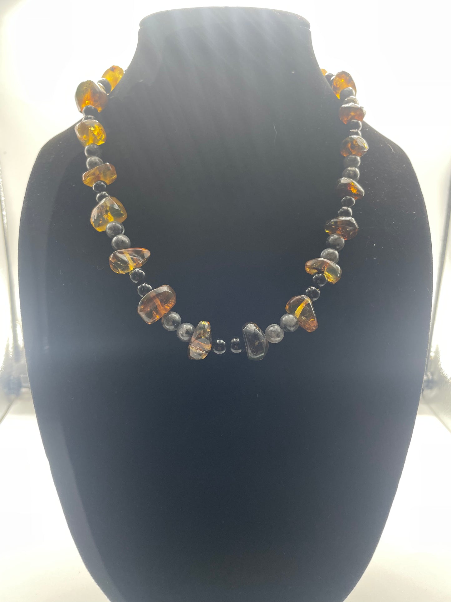 Amber, labradorite, black onyx necklace