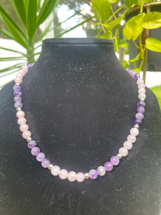 AMETHYST AND ROSE QUARTZ BEADED NECKLACE 20"