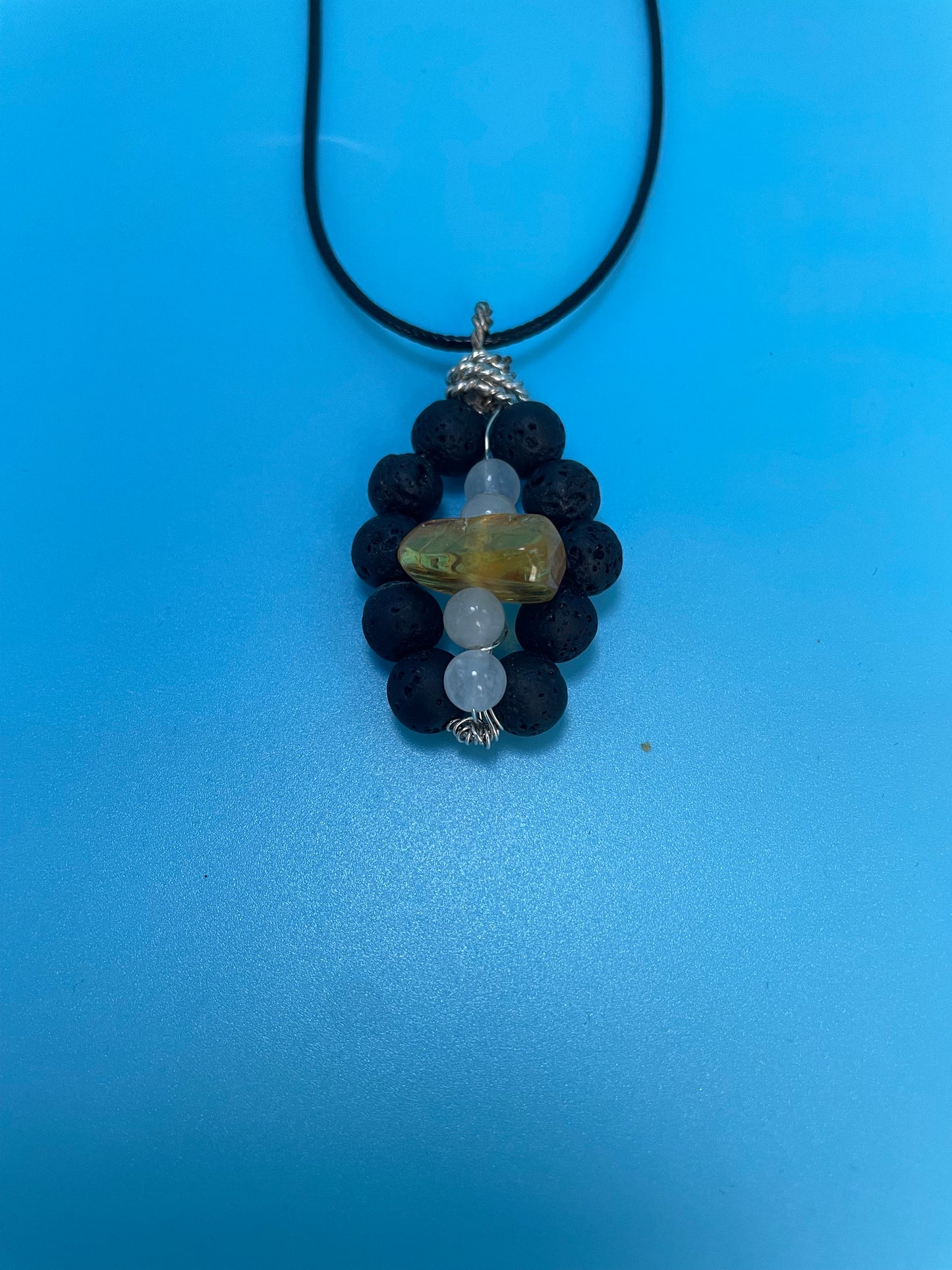 LAVE STONE, QUARTZ, AMBER (NON TARNISH GOLD) PENDANT