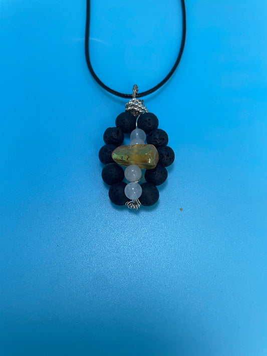 LAVE STONE, QUARTZ, AMBER (NON TARNISH GOLD) PENDANT